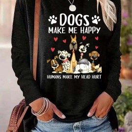 Dog & Letter Print Crew Neck T-Shirt, Casual Long Sleeve Top For Spring & Fall, Women's Clothing Dog & Letter Print Crew Neck T-Shirt, Casual Long Sleeve Top For Spring & Fall, Women's Clothing