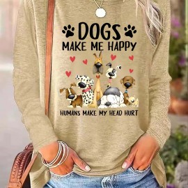 Dog & Letter Print Crew Neck T-Shirt, Casual Long Sleeve Top For Spring & Fall, Women's Clothing Dog & Letter Print Crew Neck T-Shirt, Casual Long Sleeve Top For Spring & Fall, Women's Clothing