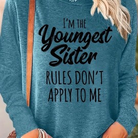 Younger Sister Print T-Shirt, Long Sleeve Crew Neck Casual Top For Fall & Spring, Women's Clothing Younger Sister Print T-Shirt, Long Sleeve Crew Neck Casual Top For Fall & Spring, Women's Clothing