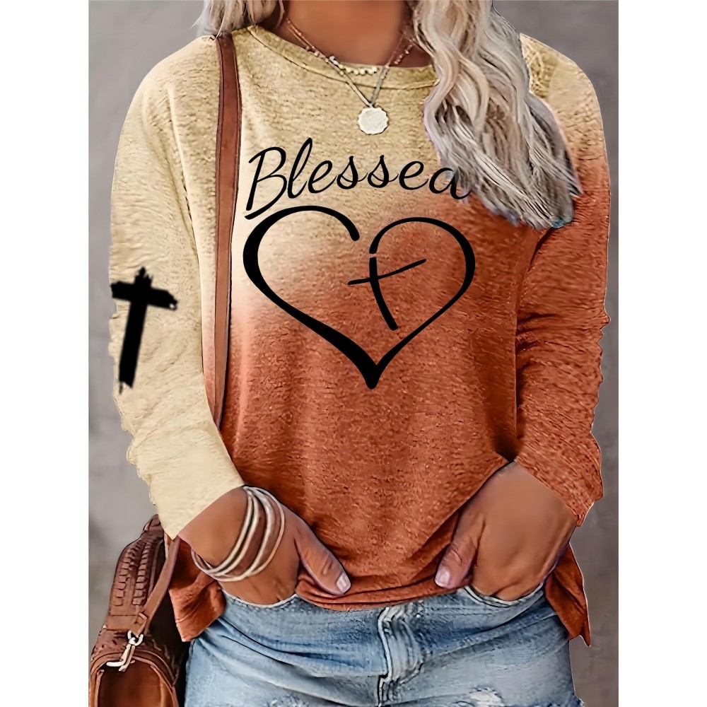 Letter & Heart Print T-shirt, Casual Long Sleeve Crew Neck T-shirt For Spring & Summer, Women's Clothing Letter & Heart Print T-shirt, Casual Long Sleeve Crew Neck T-shirt For Spring & Summer, Women's Clothing