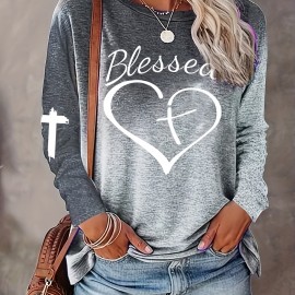 Letter & Heart Print T-shirt, Casual Long Sleeve Crew Neck T-shirt For Spring & Summer, Women's Clothing Letter & Heart Print T-shirt, Casual Long Sleeve Crew Neck T-shirt For Spring & Summer, Women's Clothing