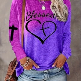 Letter & Heart Print T-shirt, Casual Long Sleeve Crew Neck T-shirt For Spring & Summer, Women's Clothing Letter & Heart Print T-shirt, Casual Long Sleeve Crew Neck T-shirt For Spring & Summer, Women's Clothing