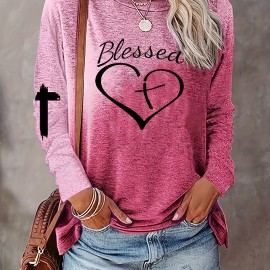 Letter & Heart Print T-shirt, Casual Long Sleeve Crew Neck T-shirt For Spring & Summer, Women's Clothing Letter & Heart Print T-shirt, Casual Long Sleeve Crew Neck T-shirt For Spring & Summer, Women's Clothing