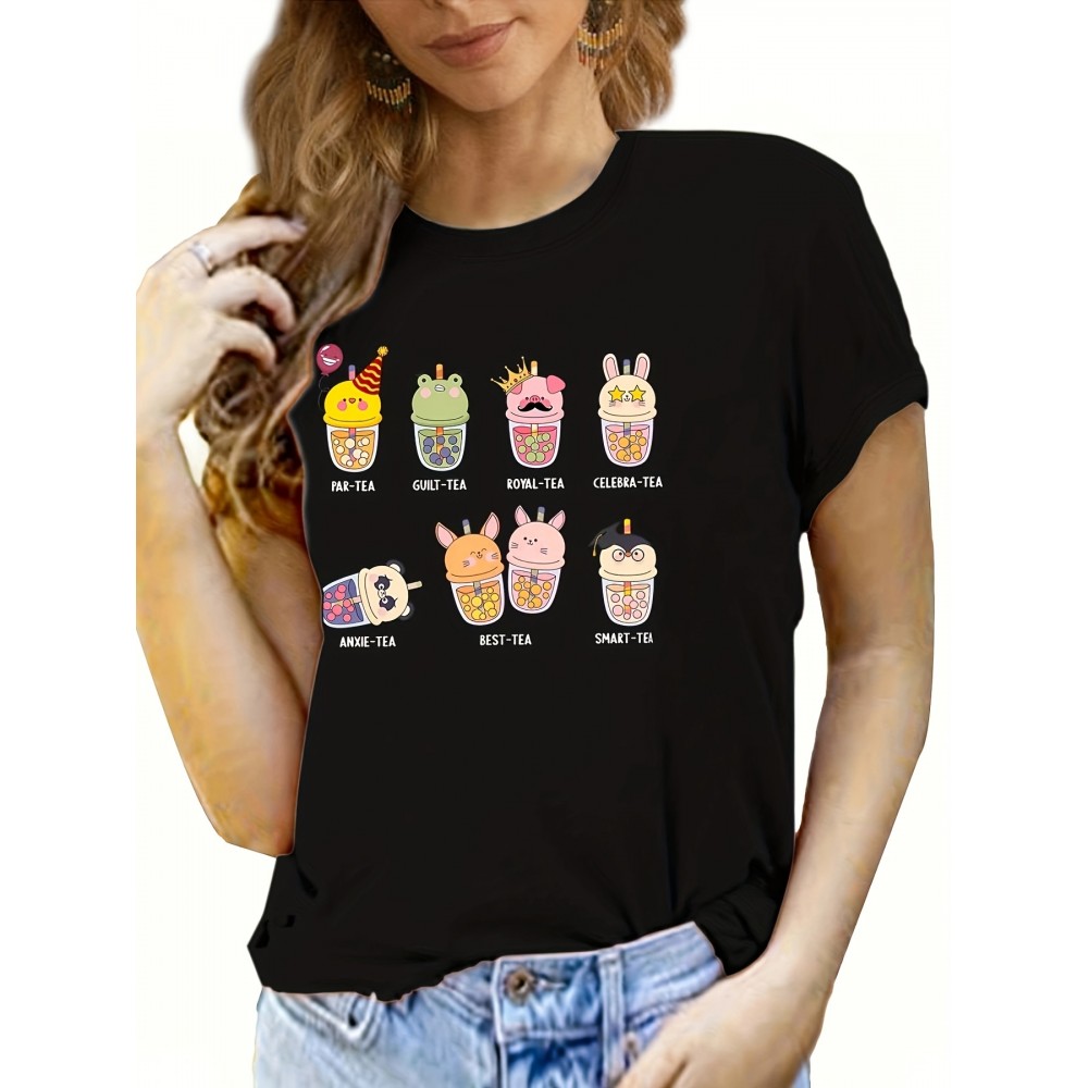 Cute Milk Tea Print T-shirt, Casual Short Sleeve Crew Neck Summer Top, Women's Clothing