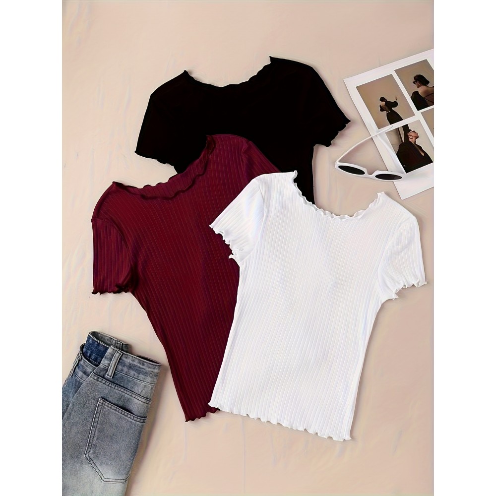 3 Packs Ribbed Lettuce Trim T-Shirts, Casual Short Sleeve Top For Spring & Summer, Women's Clothing 3 Packs Ribbed Lettuce Trim T-Shirts, Casual Short Sleeve Top For Spring & Summer, Women's Clothing