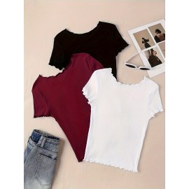 3 Packs Ribbed Lettuce Trim T-Shirts, Casual Short Sleeve Top For Spring & Summer, Women's Clothing 3 Packs Ribbed Lettuce Trim T-Shirts, Casual Short Sleeve Top For Spring & Summer, Women's Clothing