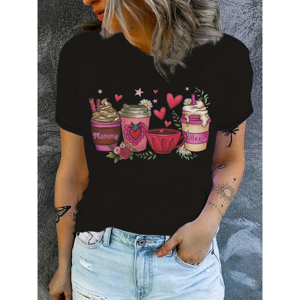 Coffee Print Crew Neck T-shirt, Casual Short Sleeve Top For Spring & Summer, Women's Clothing Coffee Print Crew Neck T-shirt, Casual Short Sleeve Top For Spring & Summer, Women's Clothing