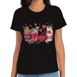 Coffee Print Crew Neck T-shirt, Casual Short Sleeve Top For Spring & Summer, Women's Clothing Coffee Print Crew Neck T-shirt, Casual Short Sleeve Top For Spring & Summer, Women's Clothing