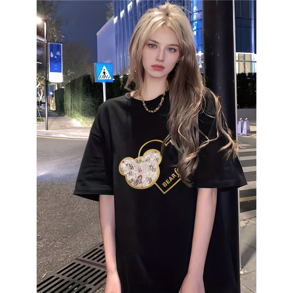 Bear & Heart Print Crew Neck T-Shirt, Casual Short Sleeve T-Shirt For Spring & Summer, Women's Clothing Bear & Heart Print Crew Neck T-Shirt, Casual Short Sleeve T-Shirt For Spring & Summer, Women's Clothing