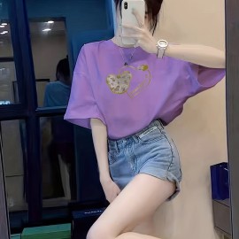 Bear & Heart Print Crew Neck T-Shirt, Casual Short Sleeve T-Shirt For Spring & Summer, Women's Clothing Bear & Heart Print Crew Neck T-Shirt, Casual Short Sleeve T-Shirt For Spring & Summer, Women's Clothing