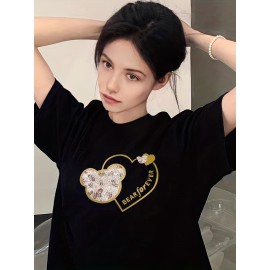 Bear & Heart Print Crew Neck T-Shirt, Casual Short Sleeve T-Shirt For Spring & Summer, Women's Clothing Bear & Heart Print Crew Neck T-Shirt, Casual Short Sleeve T-Shirt For Spring & Summer, Women's Clothing