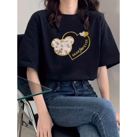Bear & Heart Print Crew Neck T-Shirt, Casual Short Sleeve T-Shirt For Spring & Summer, Women's Clothing Bear & Heart Print Crew Neck T-Shirt, Casual Short Sleeve T-Shirt For Spring & Summer, Women's Clothing
