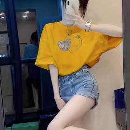 Bear & Heart Print Crew Neck T-Shirt, Casual Short Sleeve T-Shirt For Spring & Summer, Women's Clothing Bear & Heart Print Crew Neck T-Shirt, Casual Short Sleeve T-Shirt For Spring & Summer, Women's Clothing