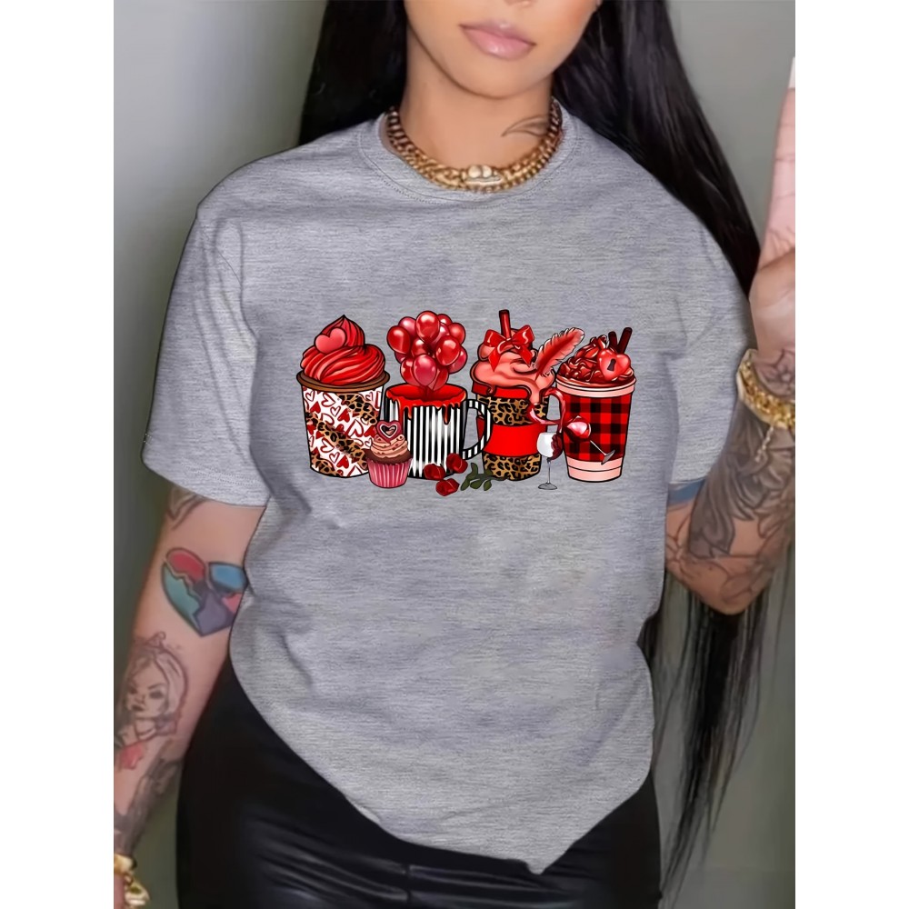 Valentine's Day Coffee Print T-Shirt, Casual Short Sleeve Crew Neck T-Shirt, Women's Clothing Valentine's Day Coffee Print T-Shirt, Casual Short Sleeve Crew Neck T-Shirt, Women's Clothing