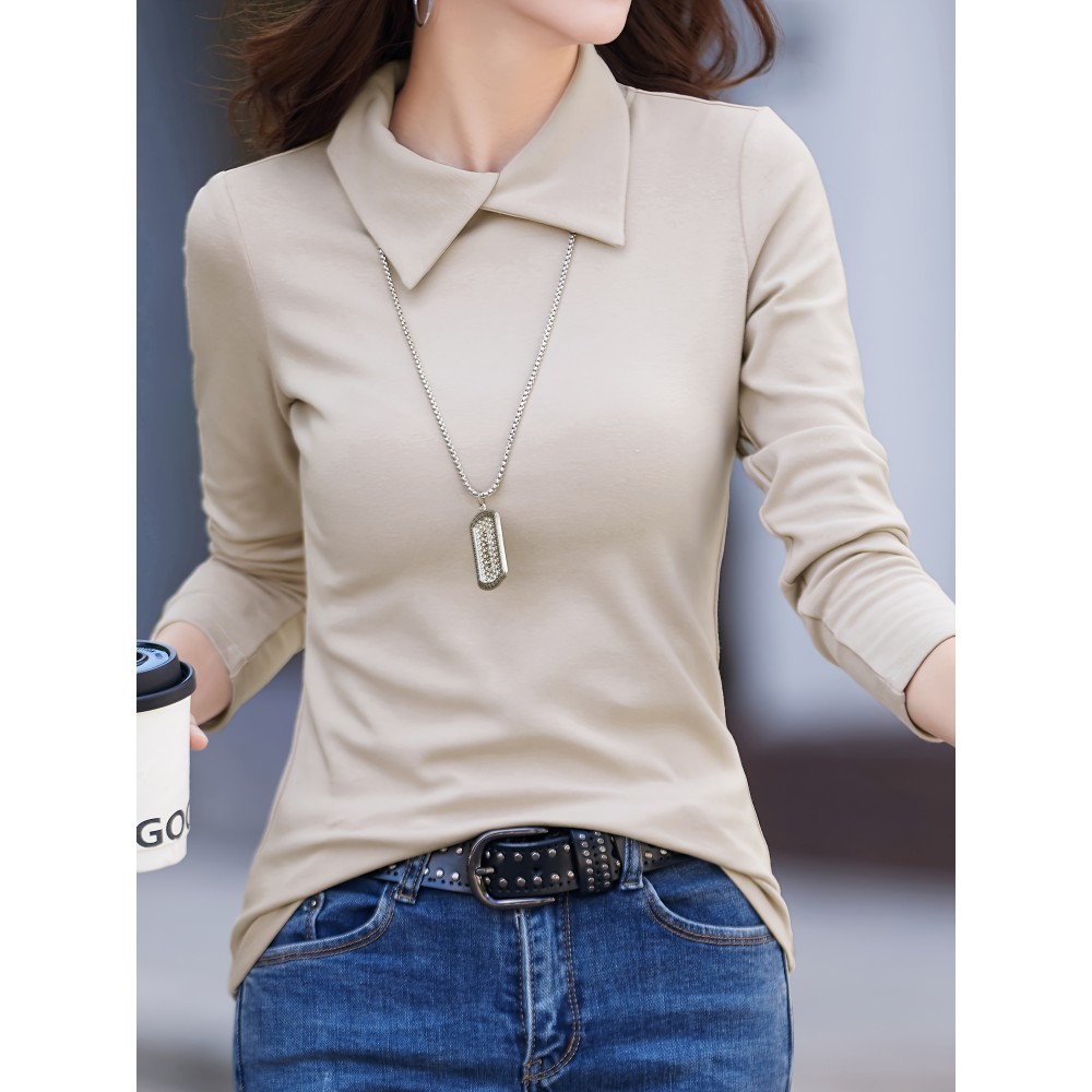 Solid Mock Neck T-Shirt, Casual Long Sleeve T-Shirt For Spring & Fall, Women's Clothing Solid Mock Neck T-Shirt, Casual Long Sleeve T-Shirt For Spring & Fall, Women's Clothing