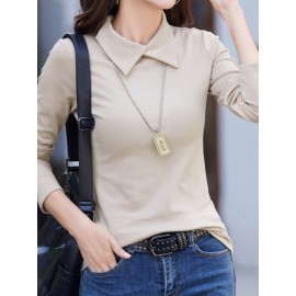 Solid Mock Neck T-Shirt, Casual Long Sleeve T-Shirt For Spring & Fall, Women's Clothing Solid Mock Neck T-Shirt, Casual Long Sleeve T-Shirt For Spring & Fall, Women's Clothing