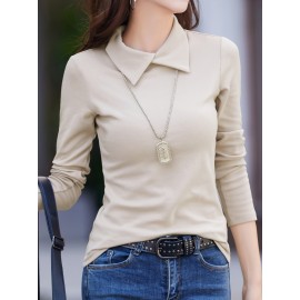 Solid Mock Neck T-Shirt, Casual Long Sleeve T-Shirt For Spring & Fall, Women's Clothing Solid Mock Neck T-Shirt, Casual Long Sleeve T-Shirt For Spring & Fall, Women's Clothing
