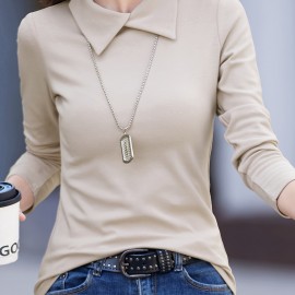 Solid Mock Neck T-Shirt, Casual Long Sleeve T-Shirt For Spring & Fall, Women's Clothing Solid Mock Neck T-Shirt, Casual Long Sleeve T-Shirt For Spring & Fall, Women's Clothing
