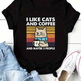 Cat & Coffee Print T-shirt, Casual Crew Neck Short Sleeve T-shirt, Women's Clothing Cat & Coffee Print T-shirt, Casual Crew Neck Short Sleeve T-shirt, Women's Clothing
