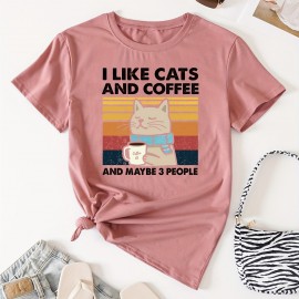 Cat & Coffee Print T-shirt, Casual Crew Neck Short Sleeve T-shirt, Women's Clothing Cat & Coffee Print T-shirt, Casual Crew Neck Short Sleeve T-shirt, Women's Clothing