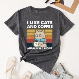 Cat & Coffee Print T-shirt, Casual Crew Neck Short Sleeve T-shirt, Women's Clothing Cat & Coffee Print T-shirt, Casual Crew Neck Short Sleeve T-shirt, Women's Clothing