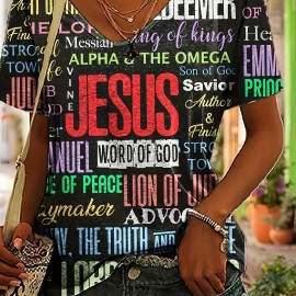 Jesus Letter Full Print T-shirt, Casual V Neck Short Sleeve T-shirt For Spring & Summer, Women's Clothing Jesus Letter Full Print T-shirt, Casual V Neck Short Sleeve T-shirt For Spring & Summer, Women's Clothing