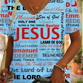 Jesus Letter Full Print T-shirt, Casual V Neck Short Sleeve T-shirt For Spring & Summer, Women's Clothing Jesus Letter Full Print T-shirt, Casual V Neck Short Sleeve T-shirt For Spring & Summer, Women's Clothing