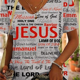 Jesus Letter Full Print T-shirt, Casual V Neck Short Sleeve T-shirt For Spring & Summer, Women's Clothing Jesus Letter Full Print T-shirt, Casual V Neck Short Sleeve T-shirt For Spring & Summer, Women's Clothing