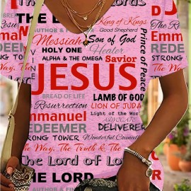 Jesus Letter Full Print T-shirt, Casual V Neck Short Sleeve T-shirt For Spring & Summer, Women's Clothing Jesus Letter Full Print T-shirt, Casual V Neck Short Sleeve T-shirt For Spring & Summer, Women's Clothing