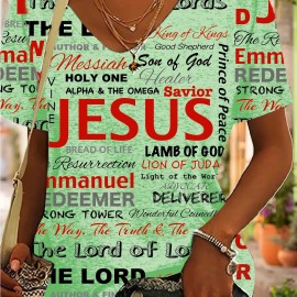 Jesus Letter Full Print T-shirt, Casual V Neck Short Sleeve T-shirt For Spring & Summer, Women's Clothing Jesus Letter Full Print T-shirt, Casual V Neck Short Sleeve T-shirt For Spring & Summer, Women's Clothing