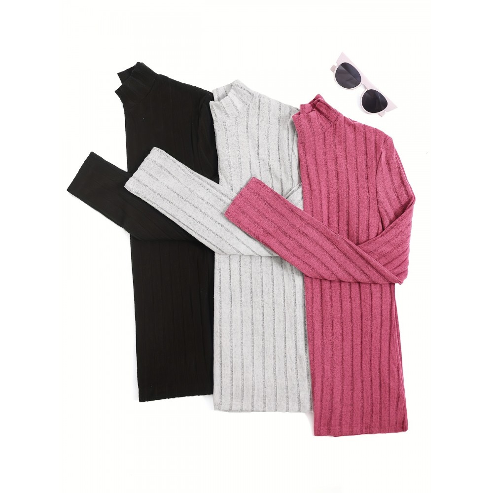 3 Packs Ribbed Mock Neck T-Shirts, Casual Long Sleeve Top For Spring & Fall, Women's Clothing 3 Packs Ribbed Mock Neck T-Shirts, Casual Long Sleeve Top For Spring & Fall, Women's Clothing