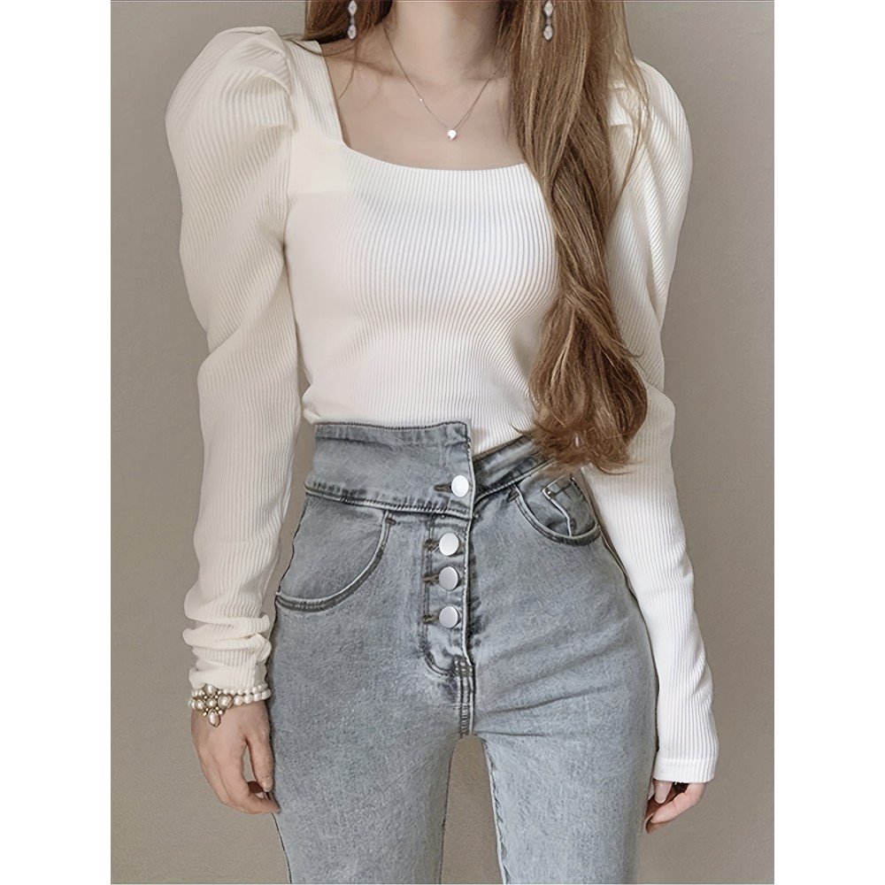 Solid Color Square Neck T-Shirt, Chic Puff Long Sleeve T-Shirt For Spring & Fall, Women's Clothing Solid Color Square Neck T-Shirt, Chic Puff Long Sleeve T-Shirt For Spring & Fall, Women's Clothing