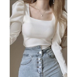 Solid Color Square Neck T-Shirt, Chic Puff Long Sleeve T-Shirt For Spring & Fall, Women's Clothing Solid Color Square Neck T-Shirt, Chic Puff Long Sleeve T-Shirt For Spring & Fall, Women's Clothing