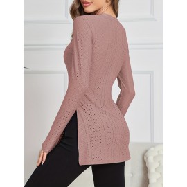 Eyelet Split Long Length T-shirt, Elegant Solid Long Sleeve T-shirt, Women's Clothing Eyelet Split Long Length T-shirt, Elegant Solid Long Sleeve T-shirt, Women's Clothing