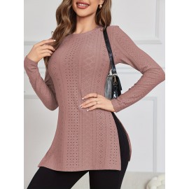 Eyelet Split Long Length T-shirt, Elegant Solid Long Sleeve T-shirt, Women's Clothing Eyelet Split Long Length T-shirt, Elegant Solid Long Sleeve T-shirt, Women's Clothing