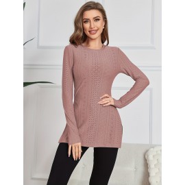 Eyelet Split Long Length T-shirt, Elegant Solid Long Sleeve T-shirt, Women's Clothing Eyelet Split Long Length T-shirt, Elegant Solid Long Sleeve T-shirt, Women's Clothing