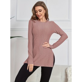 Eyelet Split Long Length T-shirt, Elegant Solid Long Sleeve T-shirt, Women's Clothing Eyelet Split Long Length T-shirt, Elegant Solid Long Sleeve T-shirt, Women's Clothing