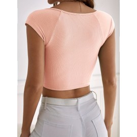 Ribbed Square Neck Crop T-Shirt, Casual Cap Sleeve Top For Spring & Summer, Women's Clothing Ribbed Square Neck Crop T-Shirt, Casual Cap Sleeve Top For Spring & Summer, Women's Clothing