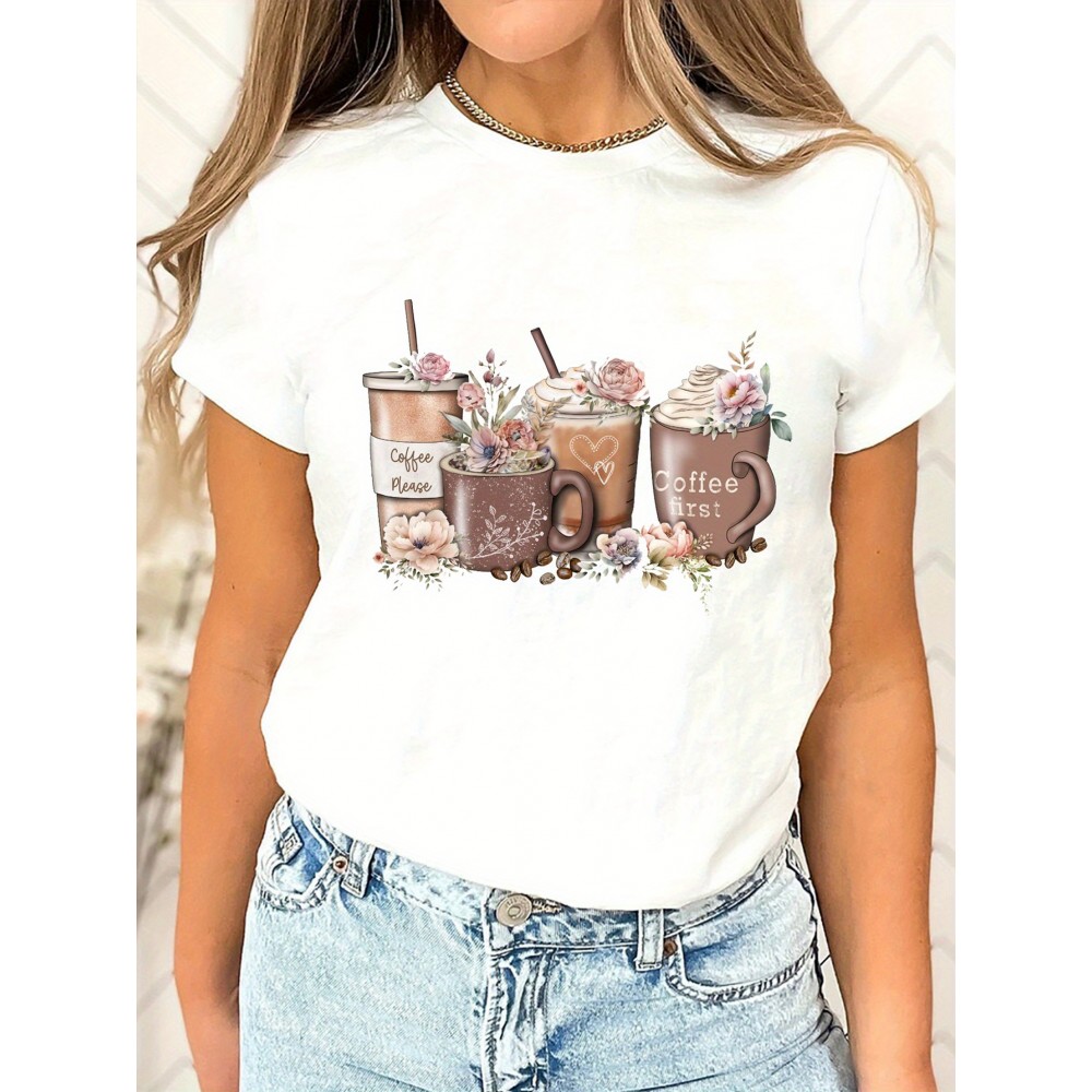 Coffee Print Crew Neck T-Shirt, Casual Short Sleeve T-Shirt For Spring & Summer, Women's Clothing Coffee Print Crew Neck T-Shirt, Casual Short Sleeve T-Shirt For Spring & Summer, Women's Clothing