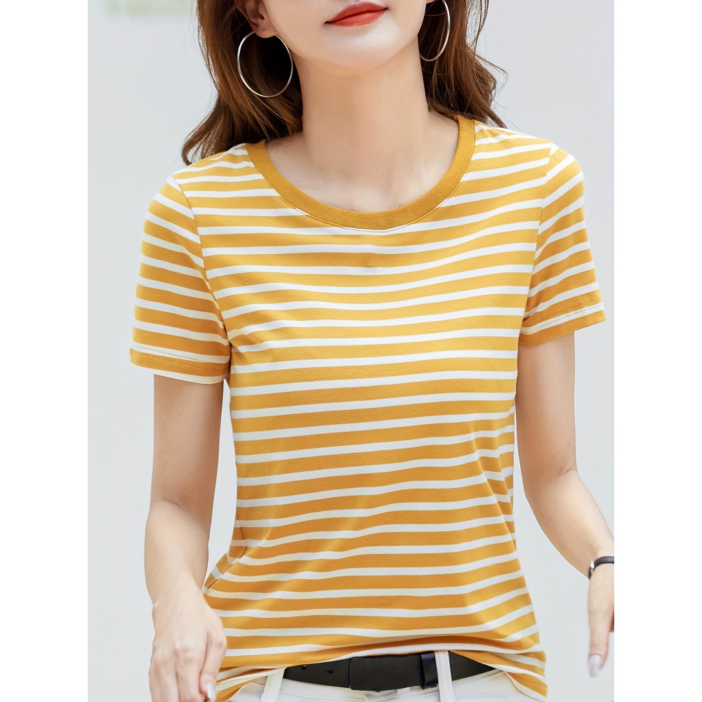 Striped Print Crew Neck T-Shirt, Casual Short Sleeve T-Shirt For Spring & Summer, Women's Clothing Striped Print Crew Neck T-Shirt, Casual Short Sleeve T-Shirt For Spring & Summer, Women's Clothing