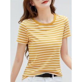 Striped Print Crew Neck T-Shirt, Casual Short Sleeve T-Shirt For Spring & Summer, Women's Clothing Striped Print Crew Neck T-Shirt, Casual Short Sleeve T-Shirt For Spring & Summer, Women's Clothing