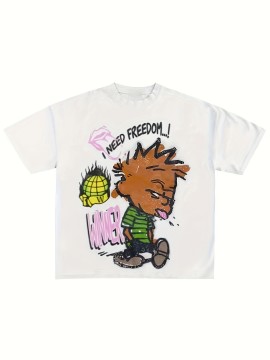 Cartoon Print Crew Neck T-shirt, Casual Short Sleeve Top For Spring & Summer, Women's Clothing