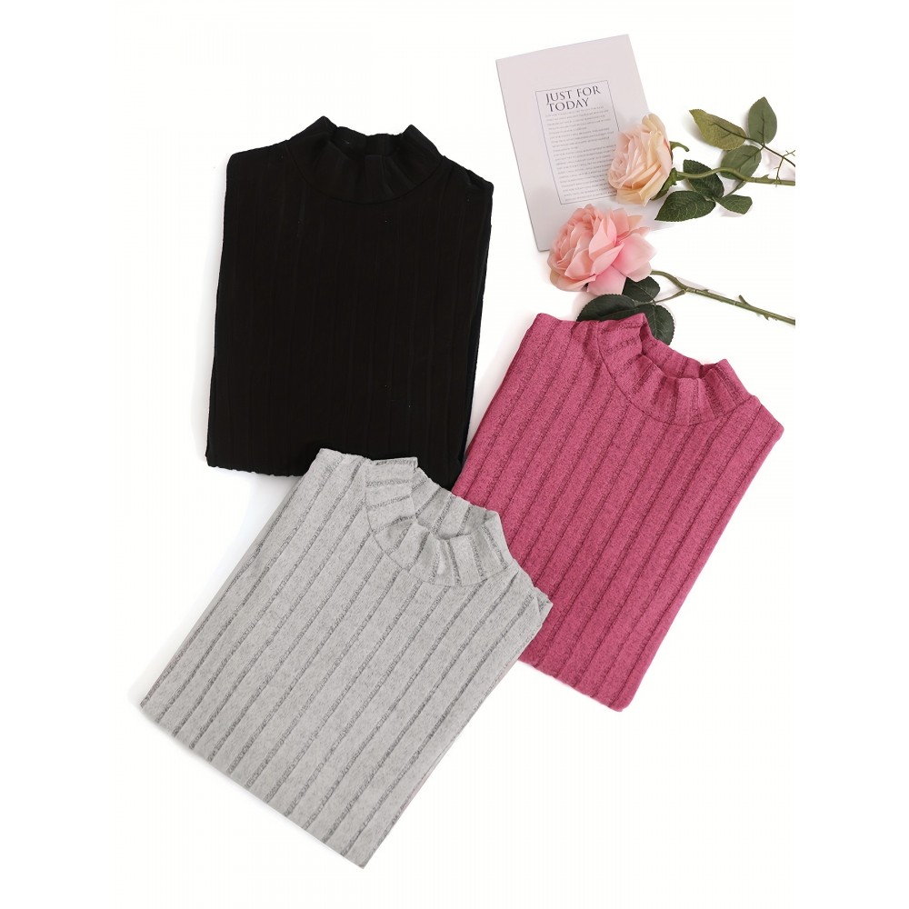 3 Packs Ribbed Mock  Neck T-Shirts, Casual Long Sleeve Top For Spring & Fall, Women's Clothing 3 Packs Ribbed Mock  Neck T-Shirts, Casual Long Sleeve Top For Spring & Fall, Women's Clothing