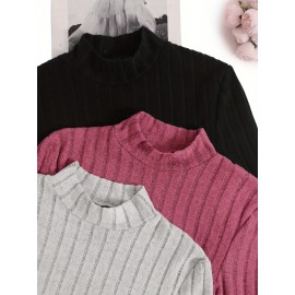 3 Packs Ribbed Mock  Neck T-Shirts, Casual Long Sleeve Top For Spring & Fall, Women's Clothing 3 Packs Ribbed Mock  Neck T-Shirts, Casual Long Sleeve Top For Spring & Fall, Women's Clothing