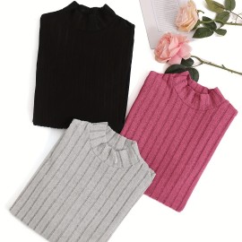 3 Packs Ribbed Mock  Neck T-Shirts, Casual Long Sleeve Top For Spring & Fall, Women's Clothing 3 Packs Ribbed Mock  Neck T-Shirts, Casual Long Sleeve Top For Spring & Fall, Women's Clothing