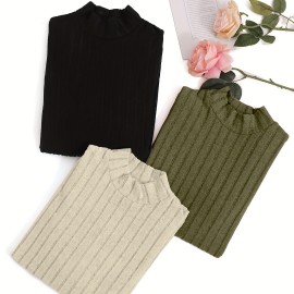 3 Packs Ribbed Mock  Neck T-Shirts, Casual Long Sleeve Top For Spring & Fall, Women's Clothing 3 Packs Ribbed Mock  Neck T-Shirts, Casual Long Sleeve Top For Spring & Fall, Women's Clothing