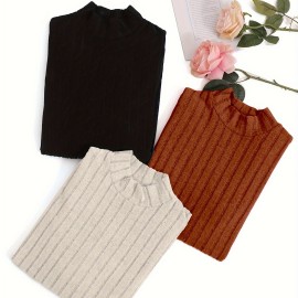 3 Packs Ribbed Mock  Neck T-Shirts, Casual Long Sleeve Top For Spring & Fall, Women's Clothing 3 Packs Ribbed Mock  Neck T-Shirts, Casual Long Sleeve Top For Spring & Fall, Women's Clothing