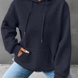Waffle Grid Kangaroo Pocket Hoodie, Casual Long Sleeve Drawstring Hoodies Sweatshirt, Women's Clothing Waffle Grid Kangaroo Pocket Hoodie, Casual Long Sleeve Drawstring Hoodies Sweatshirt, Women's Clothing