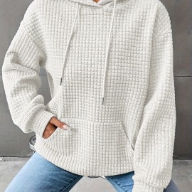 Waffle Grid Kangaroo Pocket Hoodie, Casual Long Sleeve Drawstring Hoodies Sweatshirt, Women's Clothing Waffle Grid Kangaroo Pocket Hoodie, Casual Long Sleeve Drawstring Hoodies Sweatshirt, Women's Clothing
