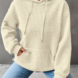 Waffle Grid Kangaroo Pocket Hoodie, Casual Long Sleeve Drawstring Hoodies Sweatshirt, Women's Clothing Waffle Grid Kangaroo Pocket Hoodie, Casual Long Sleeve Drawstring Hoodies Sweatshirt, Women's Clothing